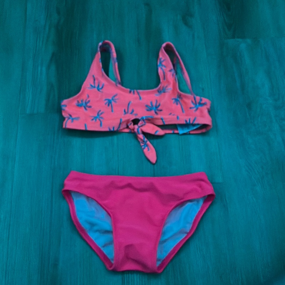 Salmon colored palm tree bikini, with matching hot pink bottoms